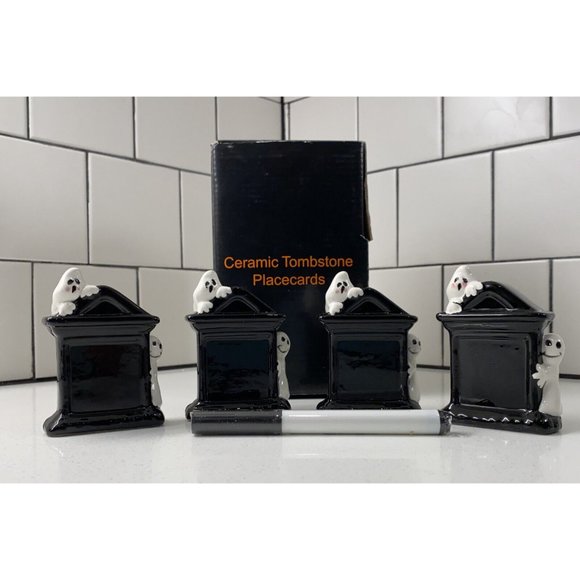 HARRY AND DAVID HALLOWEEN CERAMIC GHOST TOMBSTONE PLACE CARDS, (4), EUC - Picture 3 of 6